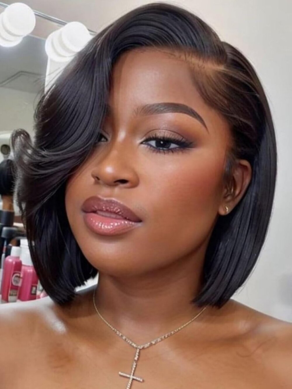 UNICE 12 inch Short Layered Bob Drawstring Wig Human Hair with Side Swept Bangs